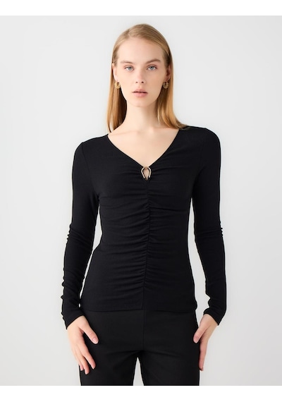 Jimmy Key Siyah V Yaka Uzun Kollu Büzgü Detaylı Örme Bluz 5ww035626900