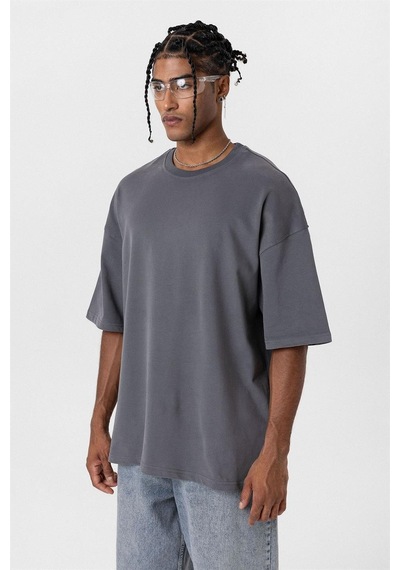 Vamos Basic Oversize Bisiklet Yaka Tişört Füme