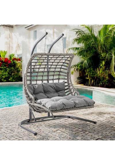 Bodrum Double Çiftli Rattan Bahçe Salıncağı Rehome Balkon Salıncağı Gri