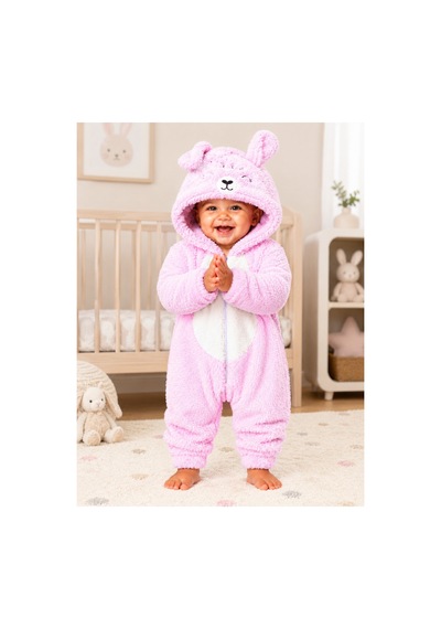 Kız Erkek Bebek Welsoft Peluş Tulum Kapüşonlu Fermuarlı Kışlık Bebek Tulumu Ayıcık Desenli Yumuşak Polar Tulum Pembe