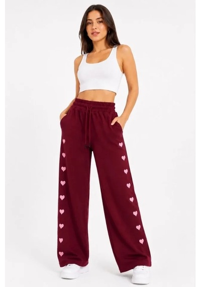 DefyModa Osy Modal Yumuşak Dokulu Nakışlı Cepli Oversize Bol Paça Eşofman Altı - Bordo
