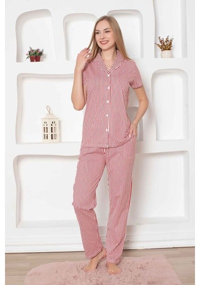Monox Kadın Önden Düğmeli Kısa Kol Likralı Çizgili Gömlek Pijama Takımı Kırmızı