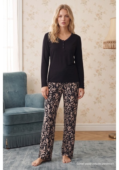Siyah İnci Siyah Desenli Düğmeli Dantelli Viskon Örme Pijama Takım 26224677