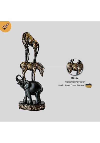 Safari Fil Zebra Zürafa Figür Siyah Eskitme Dekoratif Biblo