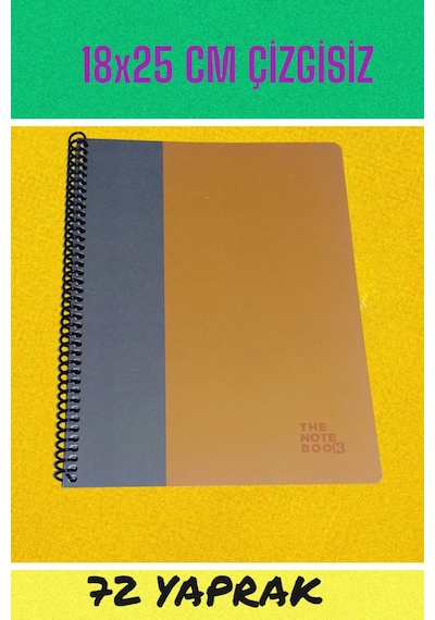 18x25 Cm Çizgisiz 72 Yaprak Telli Karton Kapak Defter 60 Gr Beyaz Sayfa Gri