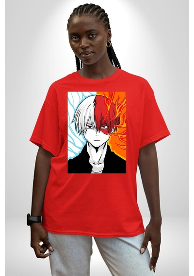 My Hero Academia Boku Anime Pamuklu Bisiklet Yaka Unisex Oversize Boyfriend Dijital Baskılı Kırmızı T-shirt Kırmızı