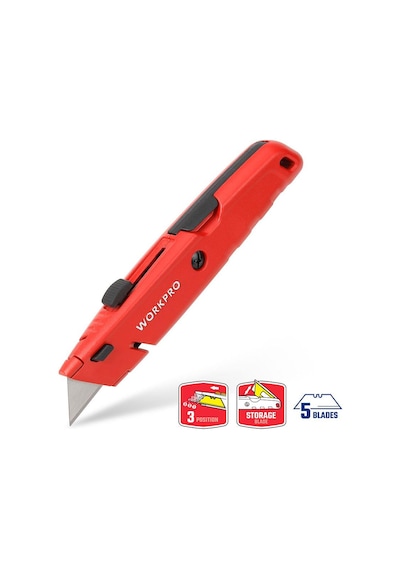 Workpro Wp213009 Ağır Hizmet Alüminyum Gövde Geri Çekilebilir Rötuş Maket Bıçağı + 5 Adet Yedek Bıçak