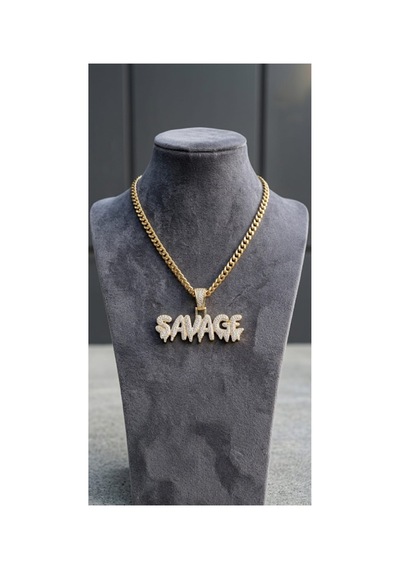 Lunarie Savage Yazılı İced Out Kolye 14k Gold Kararmaz Çelik Altın