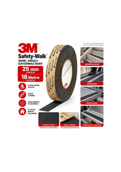 3m 610 Safety Walk Genel Amaçlı Kaydırmaz Bant 25mm X 18 Metre Siyah Bant Marketim