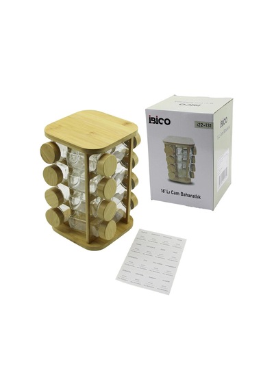 16pcs Kare - Döner Standlı Cam - Bambu Kapak Tuzluk - Baharatlık Bambu Stand 5468 Çok Renkli