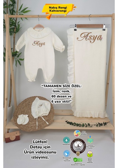 Gros Shop Müslin Yeni Doğan 4katlı Organik %100pamuk Kişiye Özgü Nakışlı Hastane Çıkış Seti Papatya Model-4 Ekru-1