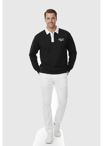 Rizzup Erkek Siyah Relax Fit İçi Polarlı Polo Yaka Sweatshirt Pamuklu Kalın Sweatshirt 2600762