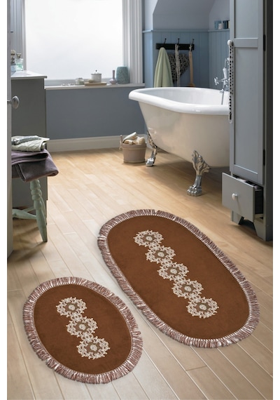 Eyfel Saçakli Banyo Takımı 2 Pcs Açik Kahve Koyu Kahve