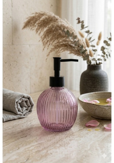 Çizgili Yuvarlak Siyah Pompalı Cam Sıvı Sabunluk - 500ml - 16x10x10 Cm Pembe