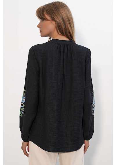 Hiccup Bdart Nakışlı Oversize Krep Bluz Siyah