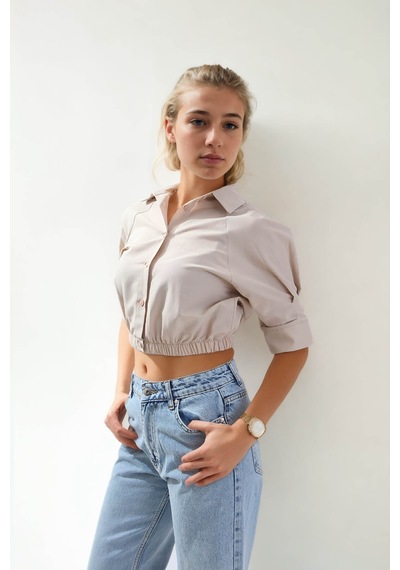 Vitrin Beli Lastikli Crop Gömlek Bej