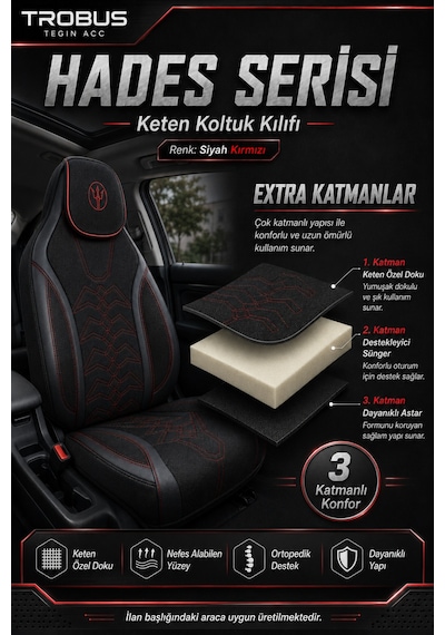 Tesla Model 3 2017 Ve Sonrası Uyumlu Hades Serisi Keten Koltuk Kılıfı Siyah Kırmızı 37683667