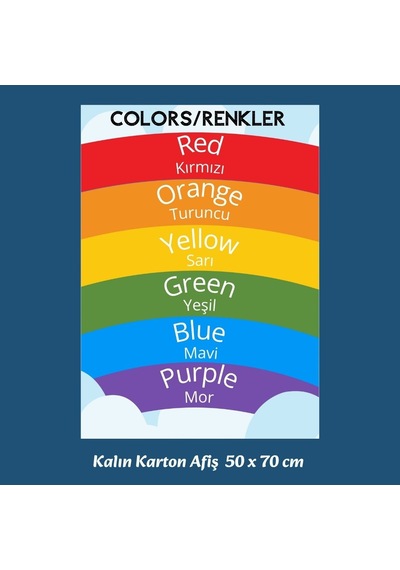 İngilizce Türkçe Temel Renkler Gökkuşağı Kalın Karton Eğitim Afişi 50x70 Cm Tüm Yaşlar