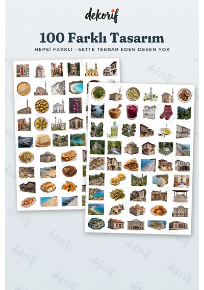 Balıkesir Sticker Seti 100 Adet - Cunda Ayvalık Tostu Saat Kulesi Gerçekçi Ajanda Journal Çıkartma Çok Renkli