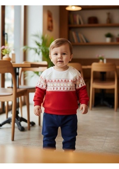 Zekids Erkek Bebek Organik Yılbaşı Temalı Eşofman Takımı-16445 Kırmızı