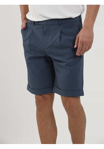 Dufy Indigo Erkek Slim Fit Gofre Desenli Short - 104682-Indigo İndigo