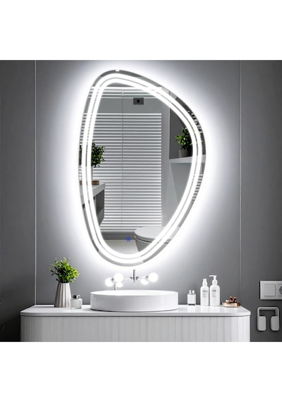 Elan Asym Beyaz Led'li Kumlamalı Lavabo & Banyo Aynası Dokunmatik Sensörlü 70 X 45