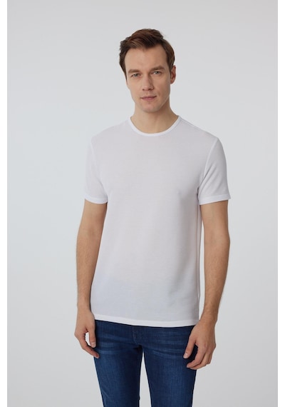 Süvari Beyaz Slim Fit Armürlü Bisiklet Yaka Tişört-37336 Beyaz