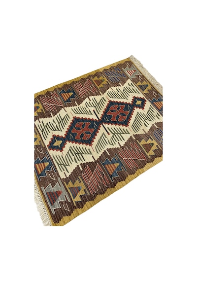 El Dokuma Uşak Kilimi 94x123 Krem Kahve Kök Boya %100 Yün Kilim