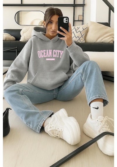 Benroma 3 İplik Penye Ocean Cıty Baskılı Sweatshırt Gri