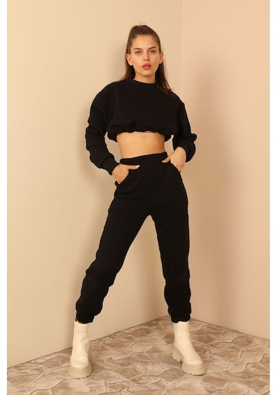 Kaktüs Moda Şardonlu 3 Iplik Kumaş Uzun Kol Kadın Sweatshirt Siya