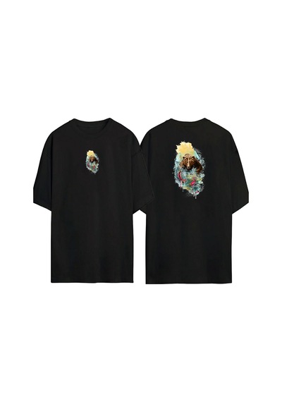 Thewert Unisex Boz Ayı Balık Yakalamak İllüstrasyon Ön Arka Baskılı Sıyah Oversize T-shirt Siyah