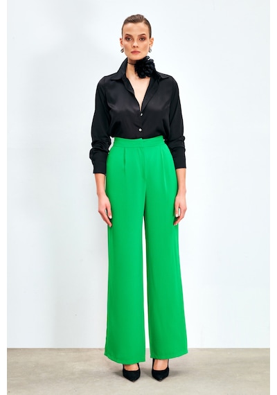 Sateen Pileli Krep Pantolon - Yeşil
