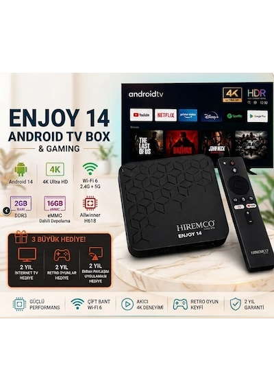 Hıremco Enjoy 14 Androıd 14 2gb Ram 16gb Dahili Hafıza Wı-fı 6 Destekli Gamıng Androıd Tv Box