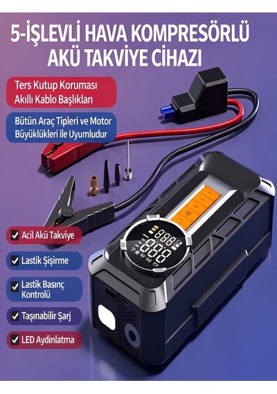 8000mah 1000a Akü Takviyeli Kompresör 150 Psı Çift Dijital Ekran Led Fenerli Hava Pompası Siyah - Abs+