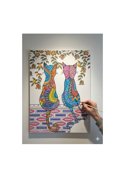 25x35 Resimli Tuval Boyama Seti- Çift Kedi-6 Renk Akrilik Boya Ve