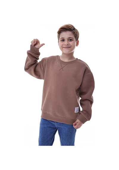 Erkek Çocuk Sweatshirt %100 Pamuk Rahat Kalıp 5-10 Yaş Kahverengi