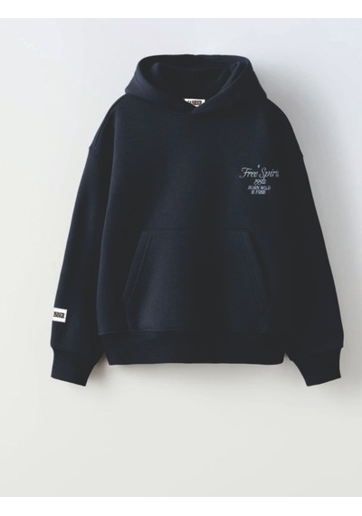 Unisex Koyu Mavi Renk Slogan Yazılı 3 İplik Şardonlu Kapüşonlu Sweatshirt Gri - Siyah