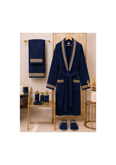 Premium %100 Pamuk Unisex Şalyaka Cepli Bornoz Seti 4 Parça Havlu Terlik Takımı Lacivert Lacivert