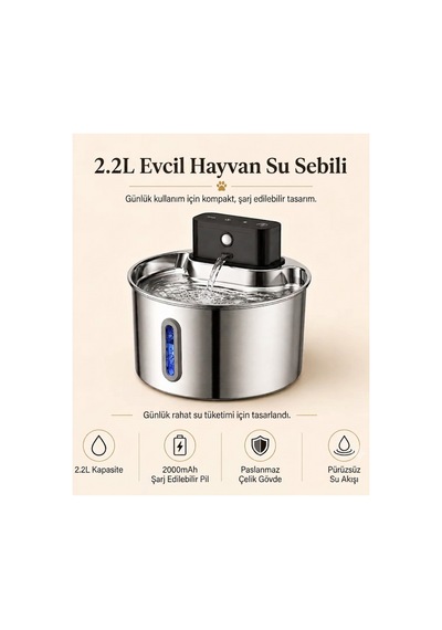 2.2 L Şarjlı Kablosuz Sensörlü Paslanmaz Çelik Kedi Köpek Için Su Pınarı Su Çeşmesi Su Sebili 2000 Mah Pwl-207