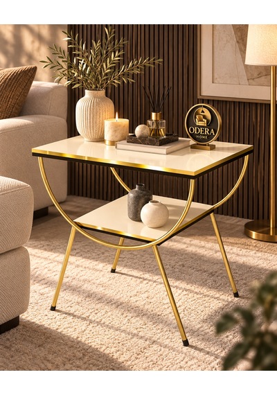 Odera Çift Çift Raflı Yan Sehpa Komodin Metal Ayaklı Retro Modern Sehpa Diğer