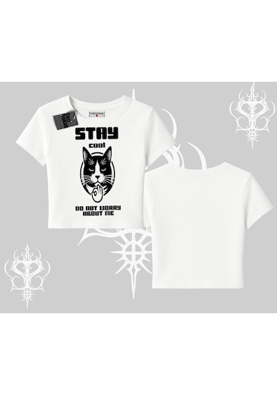 Tarzsokak Cuteness Overload Kedi Baskılı Oversize Crop Tshirt Beyaz