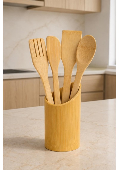 5 Parça Bambu Servis Seti Kaşıklık Standlı Kaşık Spatula Servis Çatalı Mutfak Gereçleri Ahşap Kaşık