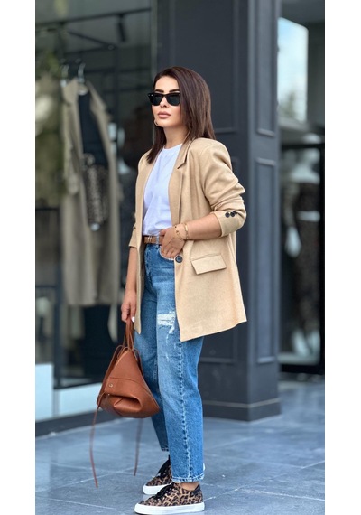 Taş Tek Düğme Yün Efekt Blazer Ceket Taş