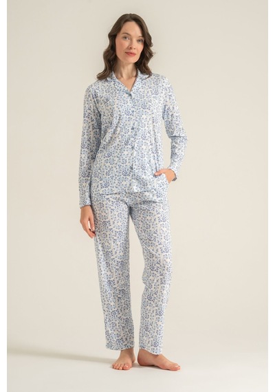 Pierre Cardin Kadın Flowers Mavi Gömlek Pijama Takımı Pc9271-s-v1 Pc9271-s-v1