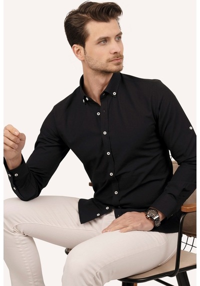 Erkek Siyah Yaka Düğmeli Keten Slimfit Kutulu Gömlek Siyah
