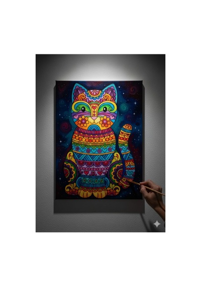 25x35 Resimli Tuval Boyama Seti- Kedi1-6 Renk Akrilik Boya Ve 2 F