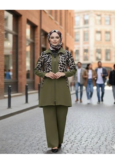 Lovie Moda Kadın Leopar Parçalı İkili Takım Haki