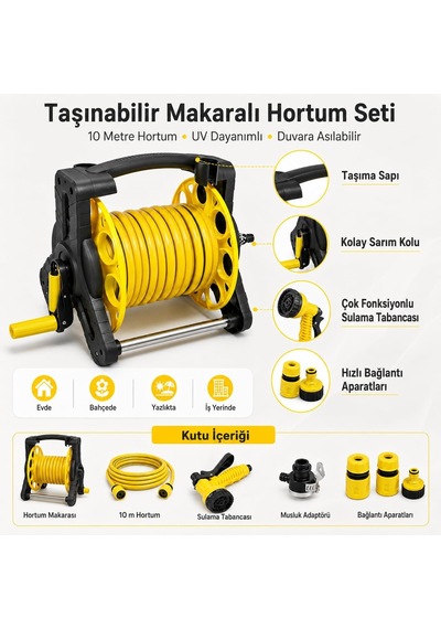 10 Metre Taşınabilir Makaralı Bahçe Hortum Seti, 8 Fonksiyonlu