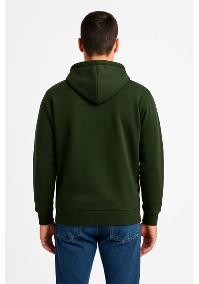 Erkek Üç İplik Kapüşonlu Tam Fermuarlı Kanguru Çepli Sweatshirt Hoodie - Haki Haki