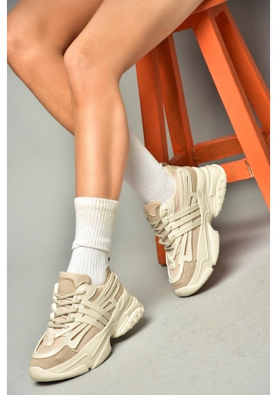 Fox Shoes S973602404 Bej Kumaş Kalın Tabanlı Spor Ayakkabı Sneakers Bej